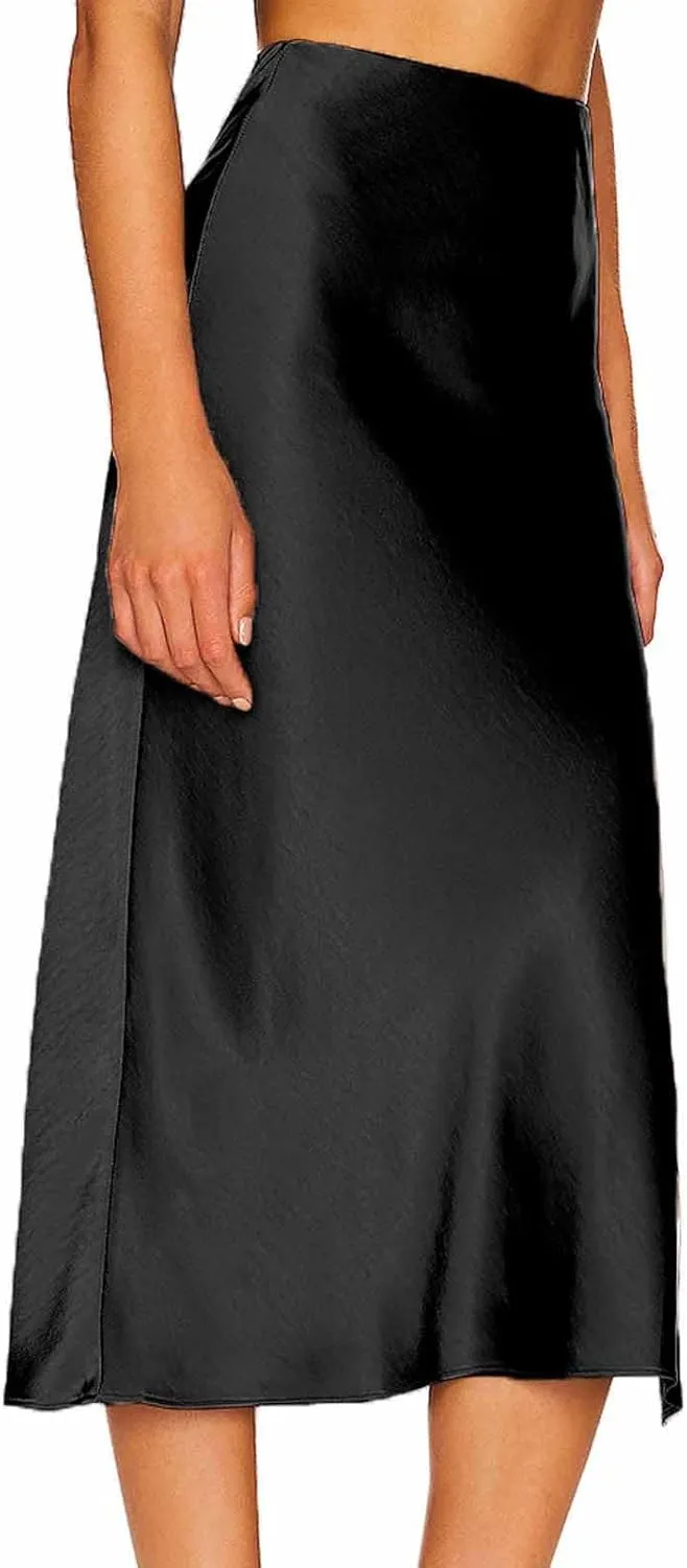 Women Slit Side Satin Midi Skirt Elegant High Waist Dressy Pencil Skirts Summer Lightweight Casual Dressy Work Skirt