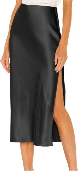 Women Slit Side Satin Midi Skirt Elegant High Waist Dressy Pencil Skirts Summer Lightweight Casual Dressy Work Skirt