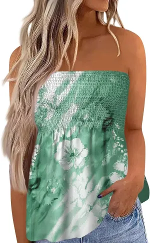 Women Tube Tops Smocked Ruffled Sleeveless Tops Beach Off Shoulder T-Shirt Print Sexy Strapless Bandeau Shirts