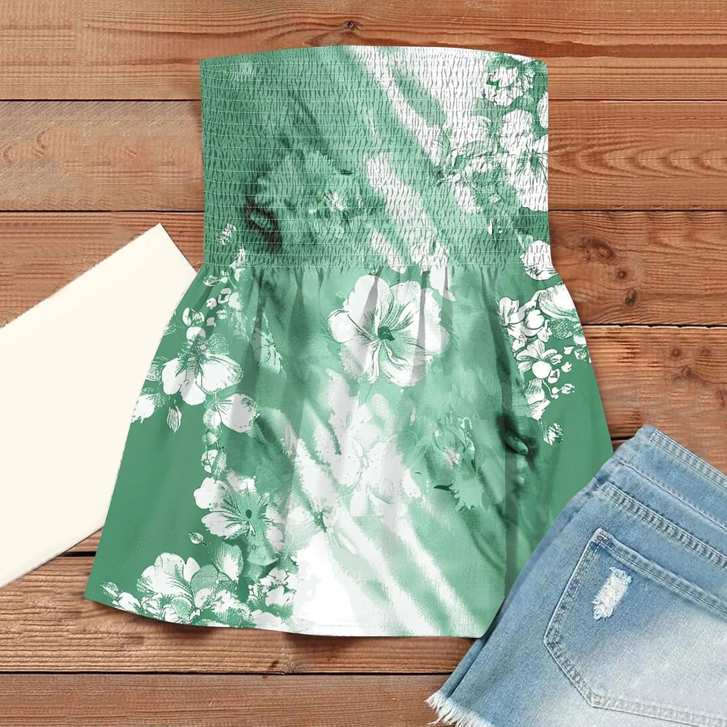 Women Tube Tops Smocked Ruffled Sleeveless Tops Beach Off Shoulder T-Shirt Print Sexy Strapless Bandeau Shirts