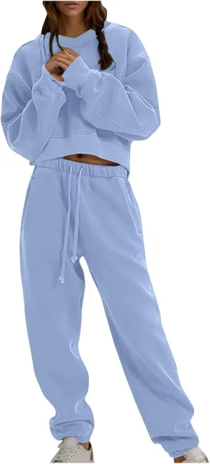 Women V Neck Sweatsuit 2 Piece Outfit Oversized Cropped Sweatshirt and Jogger Sweatpants Casual Fleece Tracksuit Set