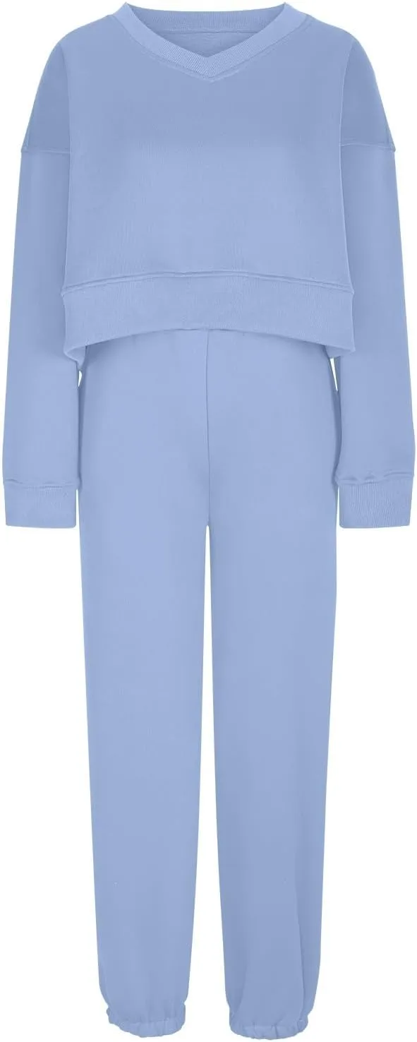 Women V Neck Sweatsuit 2 Piece Outfit Oversized Cropped Sweatshirt and Jogger Sweatpants Casual Fleece Tracksuit Set