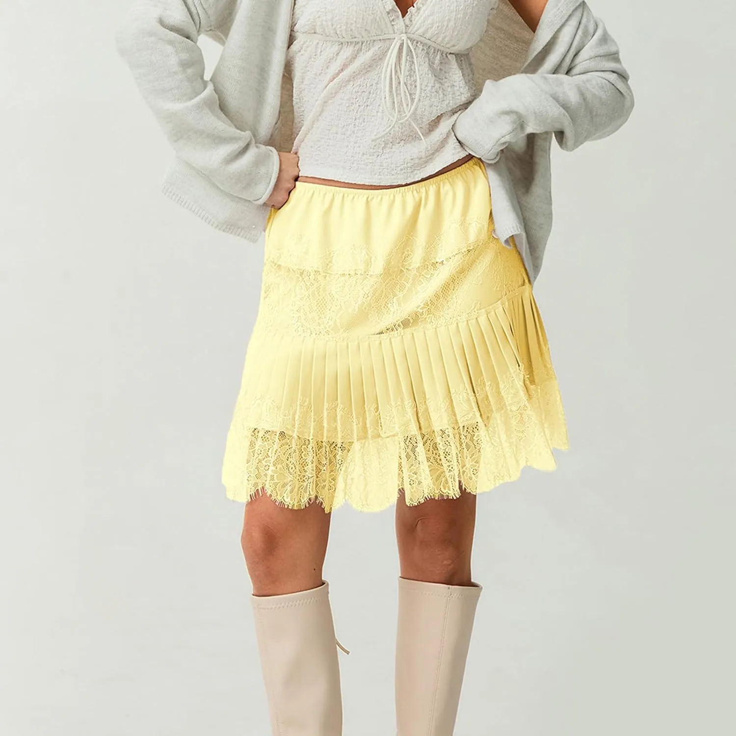 Women Y2k Lace Half Slip Skirt Flowy Ruffle Pleated Mini Skirts Fairy Mesh Floral Mid Rise Layered Short Skirts Underskirt