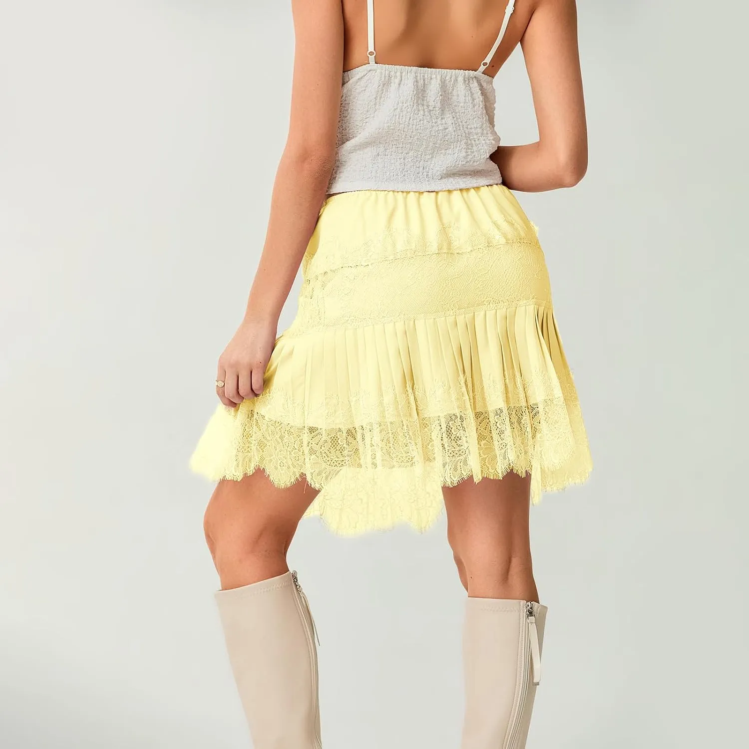 Women Y2k Lace Half Slip Skirt Flowy Ruffle Pleated Mini Skirts Fairy Mesh Floral Mid Rise Layered Short Skirts Underskirt