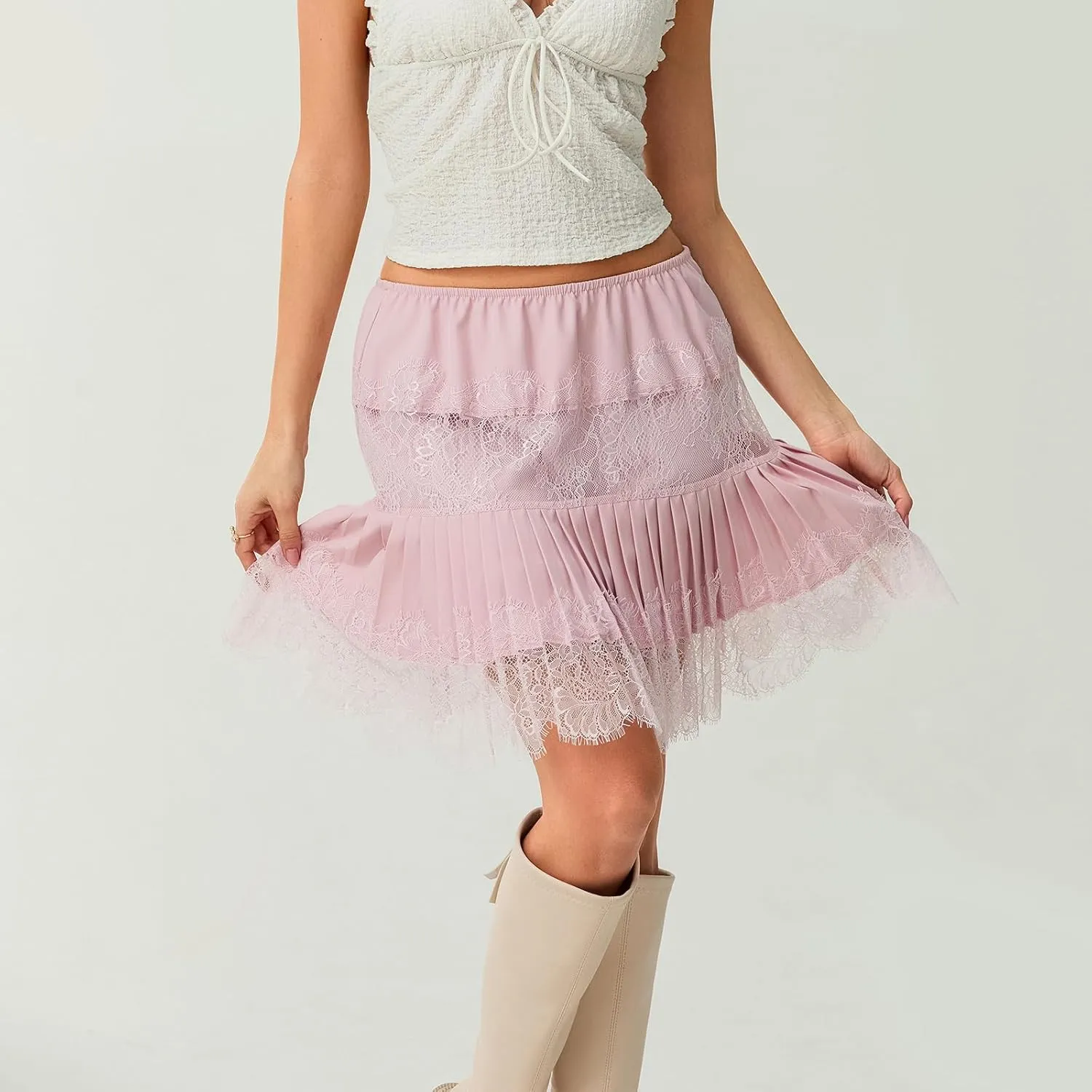 Women Y2k Lace Half Slip Skirt Flowy Ruffle Pleated Mini Skirts Fairy Mesh Floral Mid Rise Layered Short Skirts Underskirt