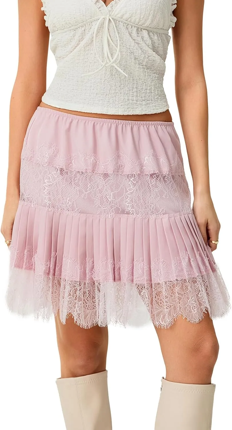 Women Y2k Lace Half Slip Skirt Flowy Ruffle Pleated Mini Skirts Fairy Mesh Floral Mid Rise Layered Short Skirts Underskirt