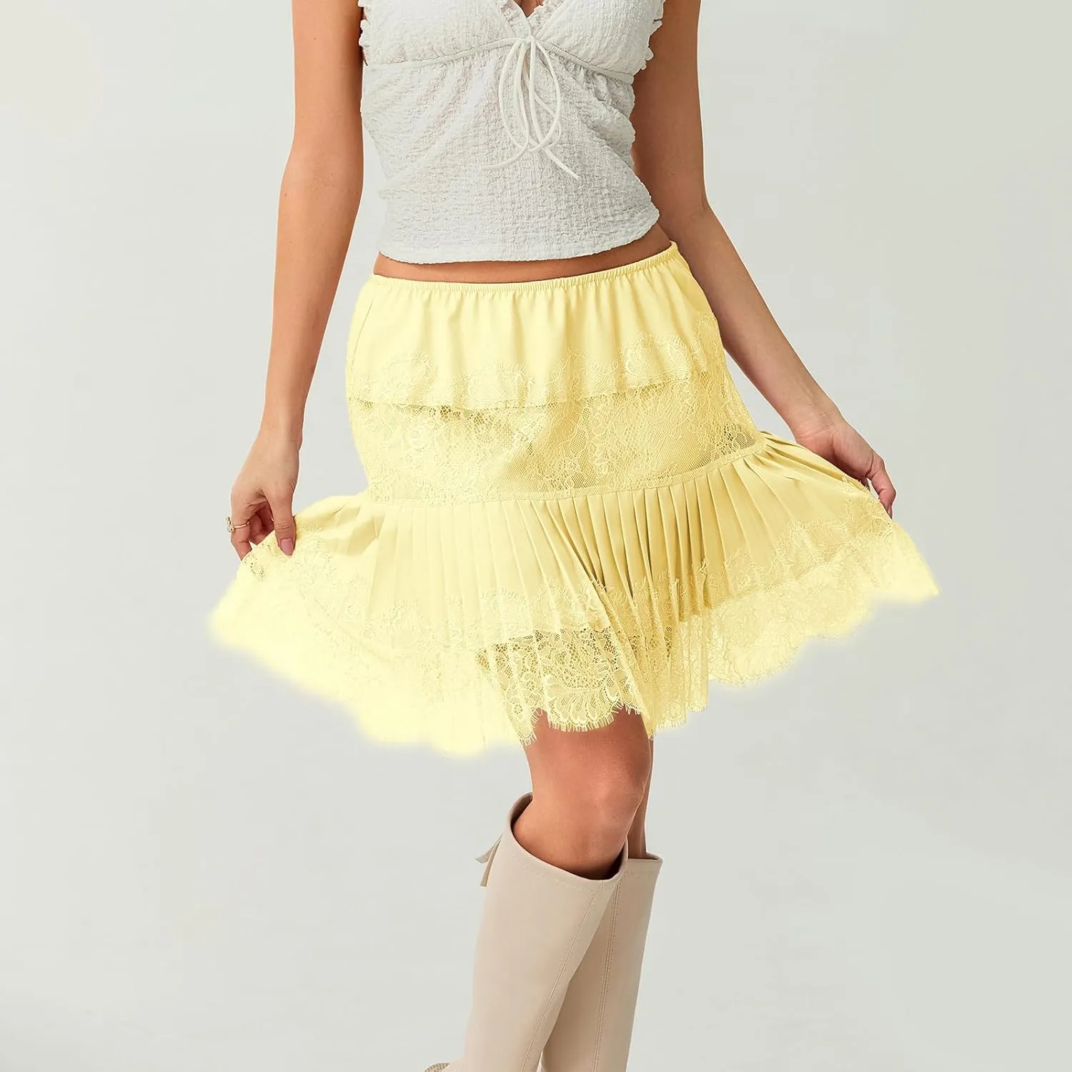Women Y2k Lace Half Slip Skirt Flowy Ruffle Pleated Mini Skirts Fairy Mesh Floral Mid Rise Layered Short Skirts Underskirt