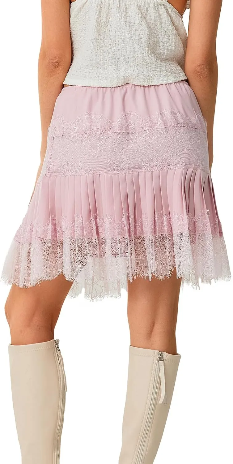 Women Y2k Lace Half Slip Skirt Flowy Ruffle Pleated Mini Skirts Fairy Mesh Floral Mid Rise Layered Short Skirts Underskirt