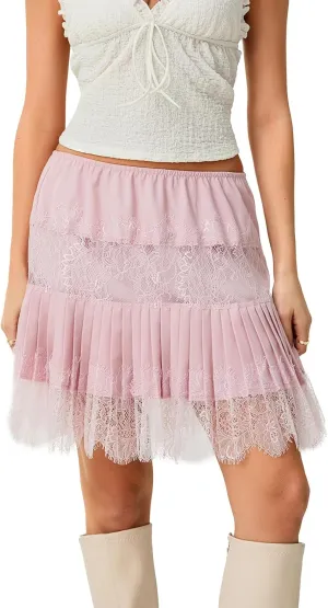 Women Y2k Lace Half Slip Skirt Flowy Ruffle Pleated Mini Skirts Fairy Mesh Floral Mid Rise Layered Short Skirts Underskirt