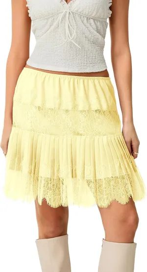 Women Y2k Lace Half Slip Skirt Flowy Ruffle Pleated Mini Skirts Fairy Mesh Floral Mid Rise Layered Short Skirts Underskirt