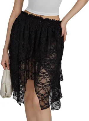 Women Y2k Lace Pleated Mini Skirt Low Rise Half Slip Lace Trim Skirt Fairy Mesh Floral Layered Flowy Short Skirts