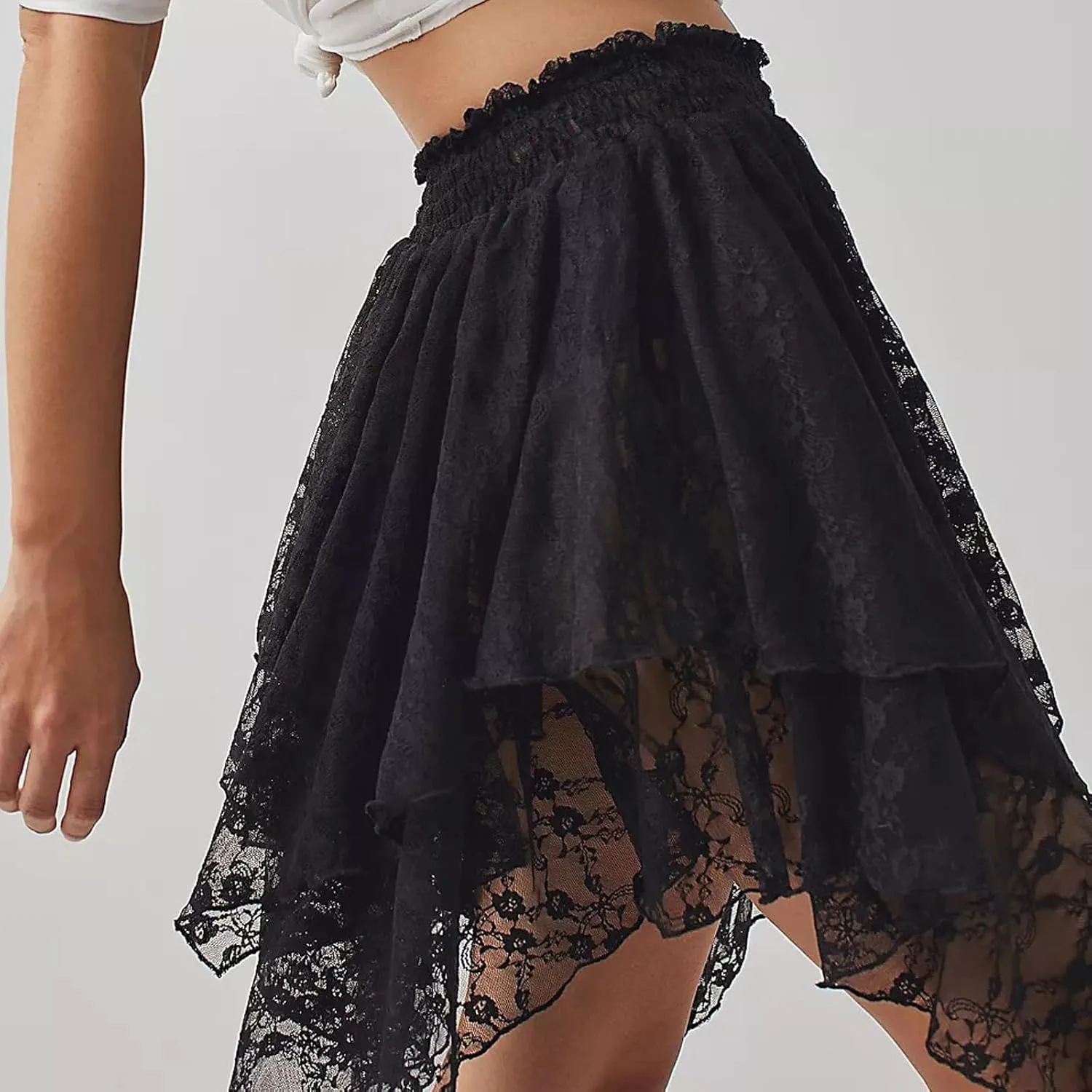 Women Y2k Lace Pleated Mini Skirt Low Rise Half Slip Lace Trim Skirt Fairy Mesh Floral Layered Flowy Short Skirts