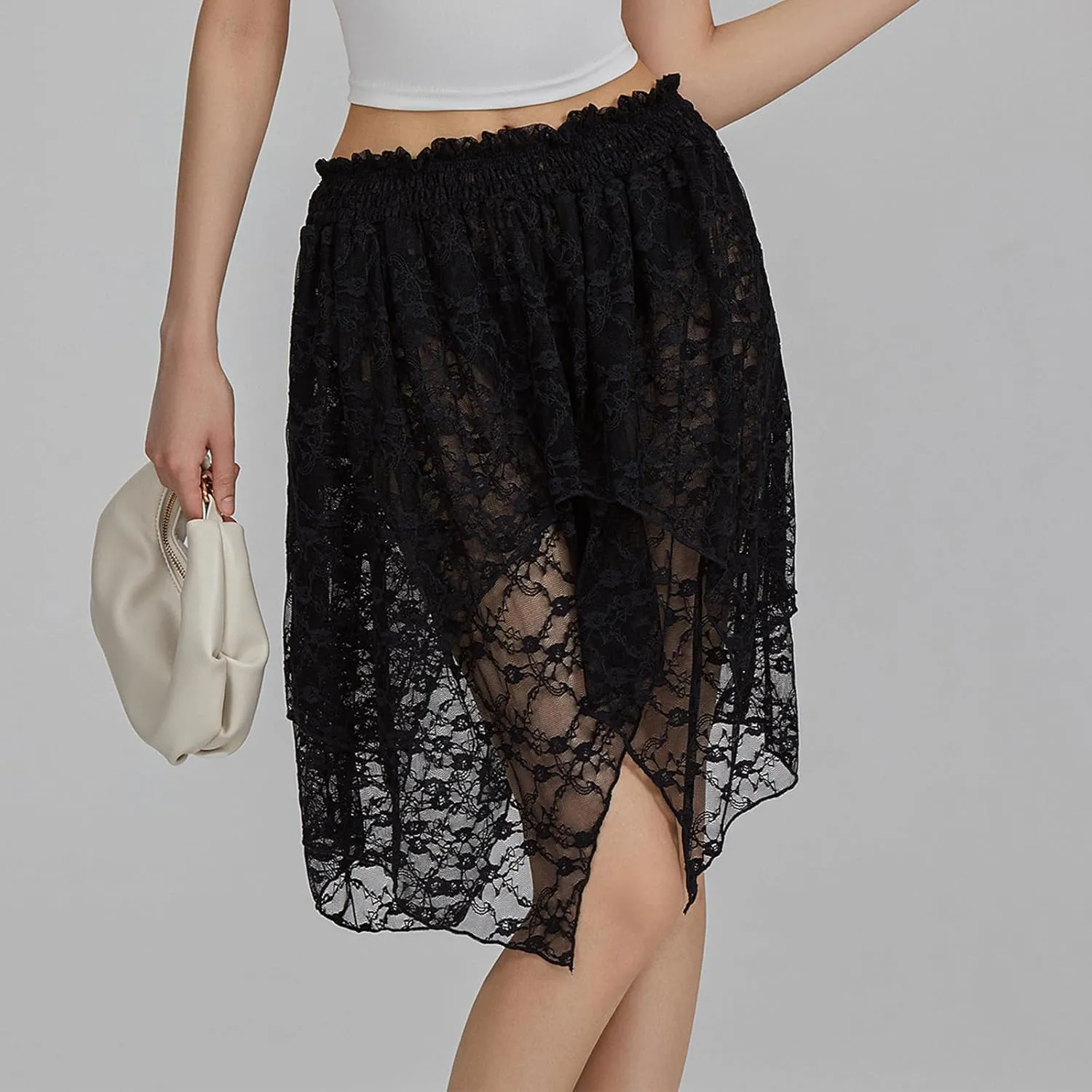 Women Y2k Lace Pleated Mini Skirt Low Rise Half Slip Lace Trim Skirt Fairy Mesh Floral Layered Flowy Short Skirts