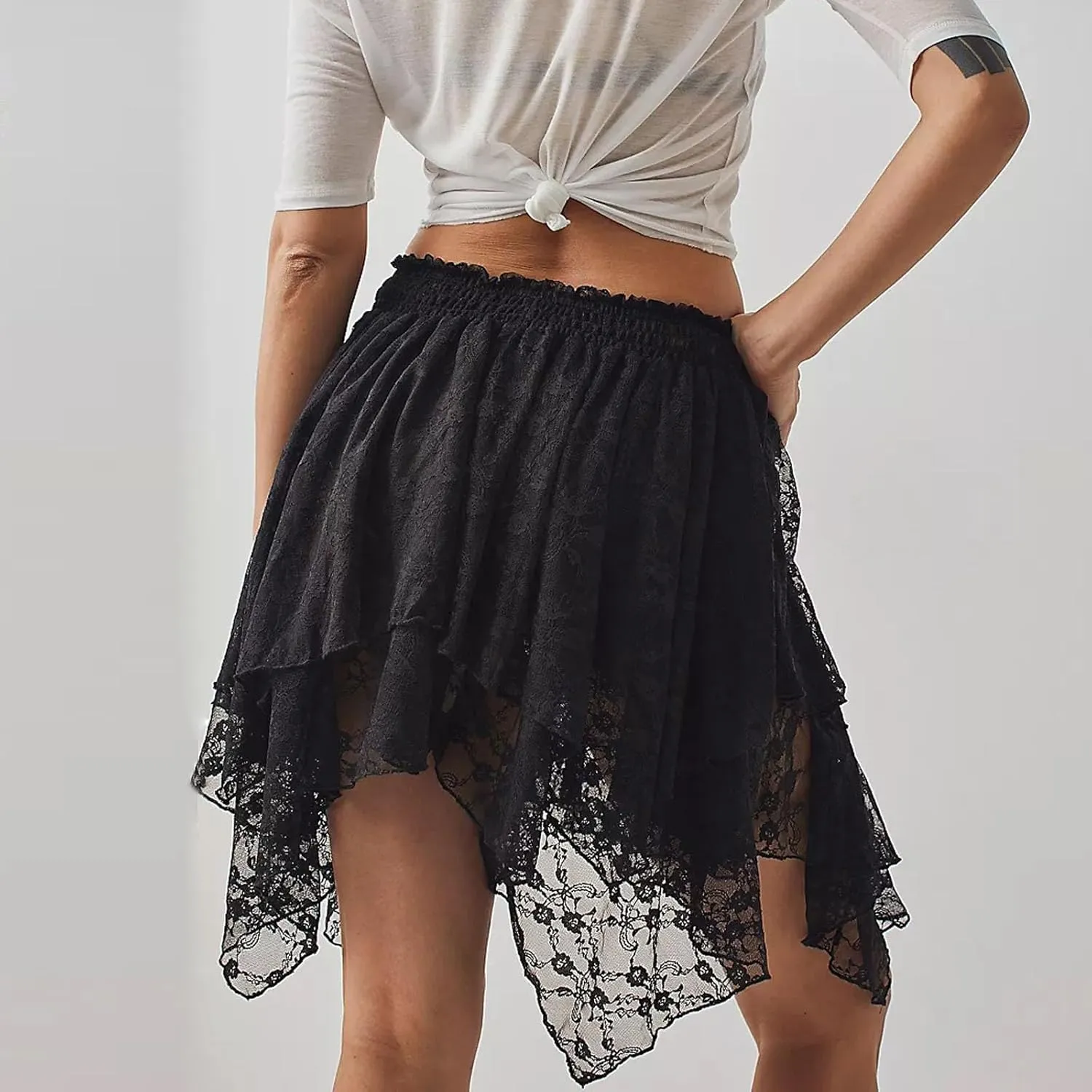 Women Y2k Lace Pleated Mini Skirt Low Rise Half Slip Lace Trim Skirt Fairy Mesh Floral Layered Flowy Short Skirts