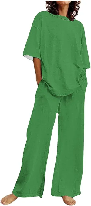 Women's 2 Piece Outfits Cotton Linen Sweatsuit Casual Short Sleeve Pullover Tops and Wide Leg Pants Lounge Sets 2025