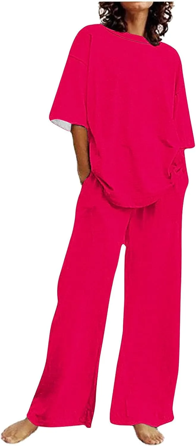 Women's 2 Piece Outfits Cotton Linen Sweatsuit Casual Short Sleeve Pullover Tops and Wide Leg Pants Lounge Sets 2025