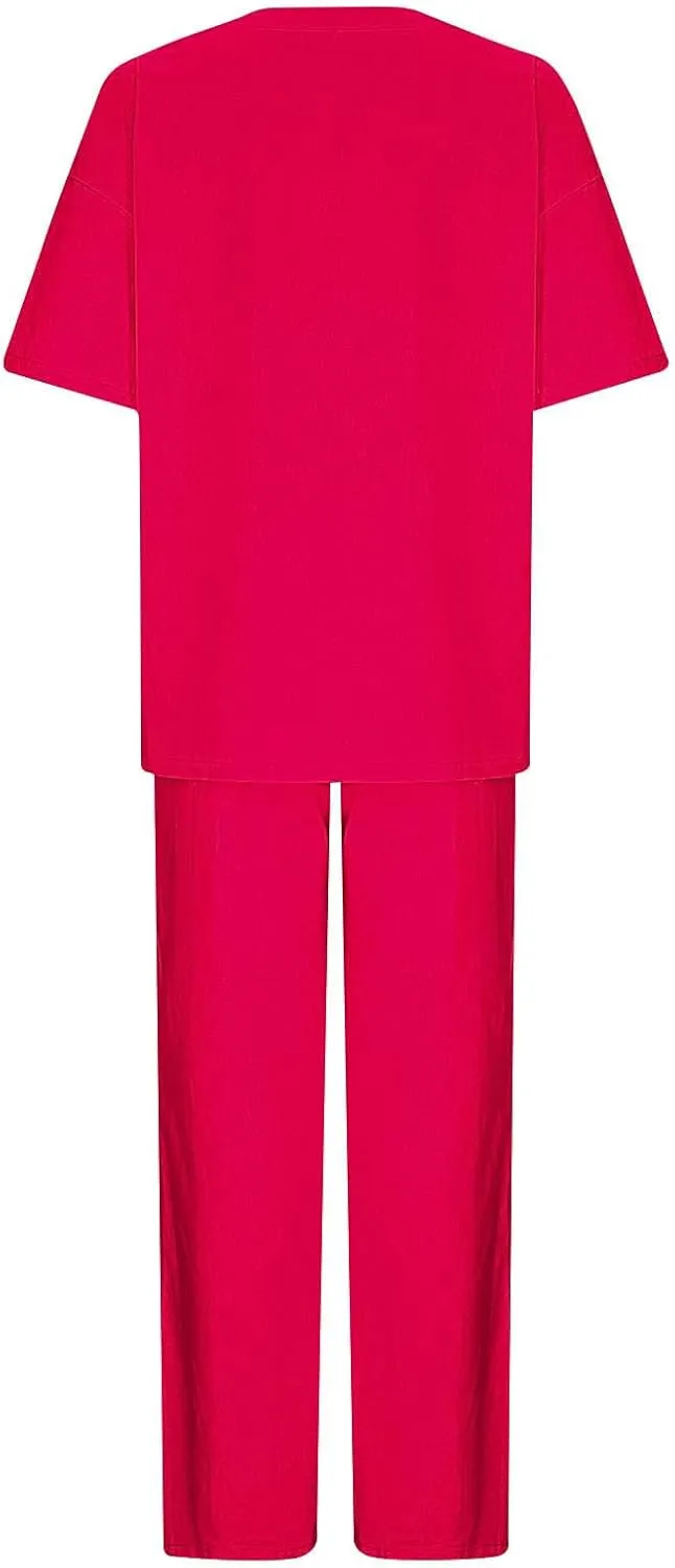 Women's 2 Piece Outfits Cotton Linen Sweatsuit Casual Short Sleeve Pullover Tops and Wide Leg Pants Lounge Sets 2025