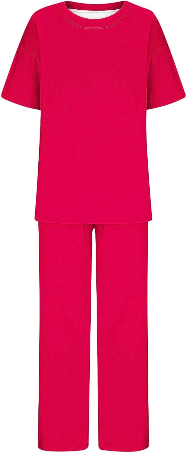 Women's 2 Piece Outfits Cotton Linen Sweatsuit Casual Short Sleeve Pullover Tops and Wide Leg Pants Lounge Sets 2025
