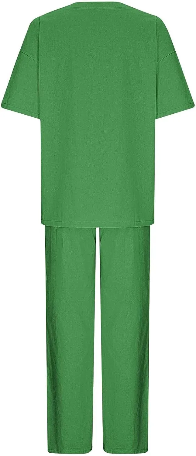 Women's 2 Piece Outfits Cotton Linen Sweatsuit Casual Short Sleeve Pullover Tops and Wide Leg Pants Lounge Sets 2025