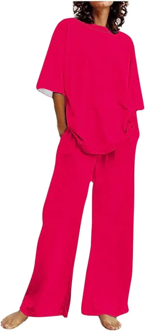 Women's 2 Piece Outfits Cotton Linen Sweatsuit Casual Short Sleeve Pullover Tops and Wide Leg Pants Lounge Sets 2025