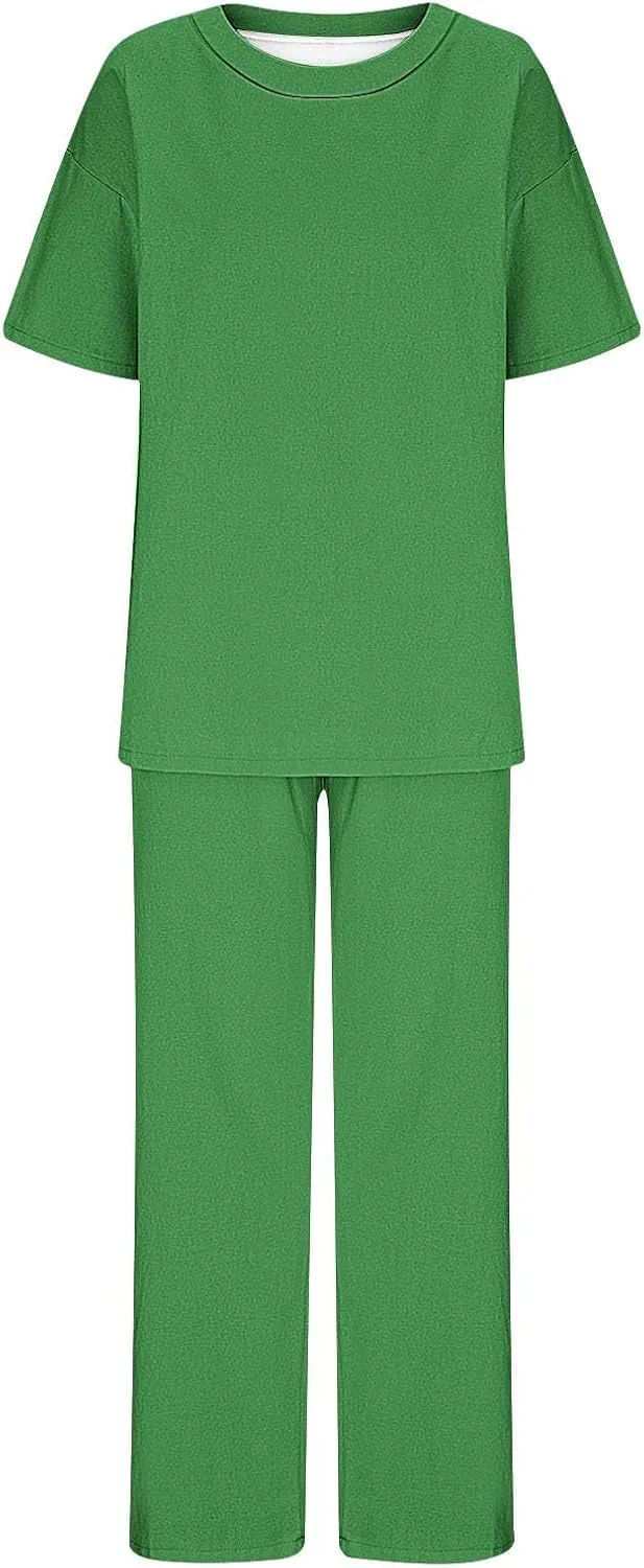 Women's 2 Piece Outfits Cotton Linen Sweatsuit Casual Short Sleeve Pullover Tops and Wide Leg Pants Lounge Sets 2025