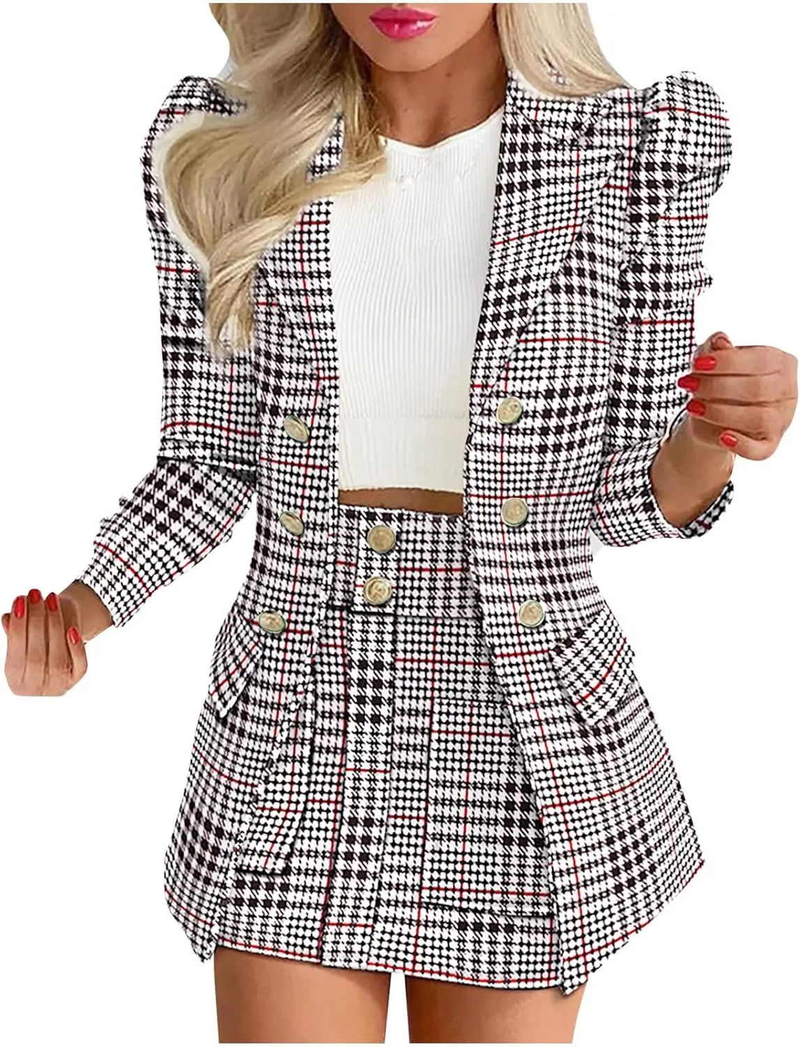 Women's 2 Piece Outfits Elegant Double Breasted Long Sleeve Blazer Jacket and Mini Skirt Set Business Casual Suits
