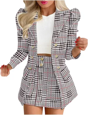 Women's 2 Piece Outfits Elegant Double Breasted Long Sleeve Blazer Jacket and Mini Skirt Set Business Casual Suits