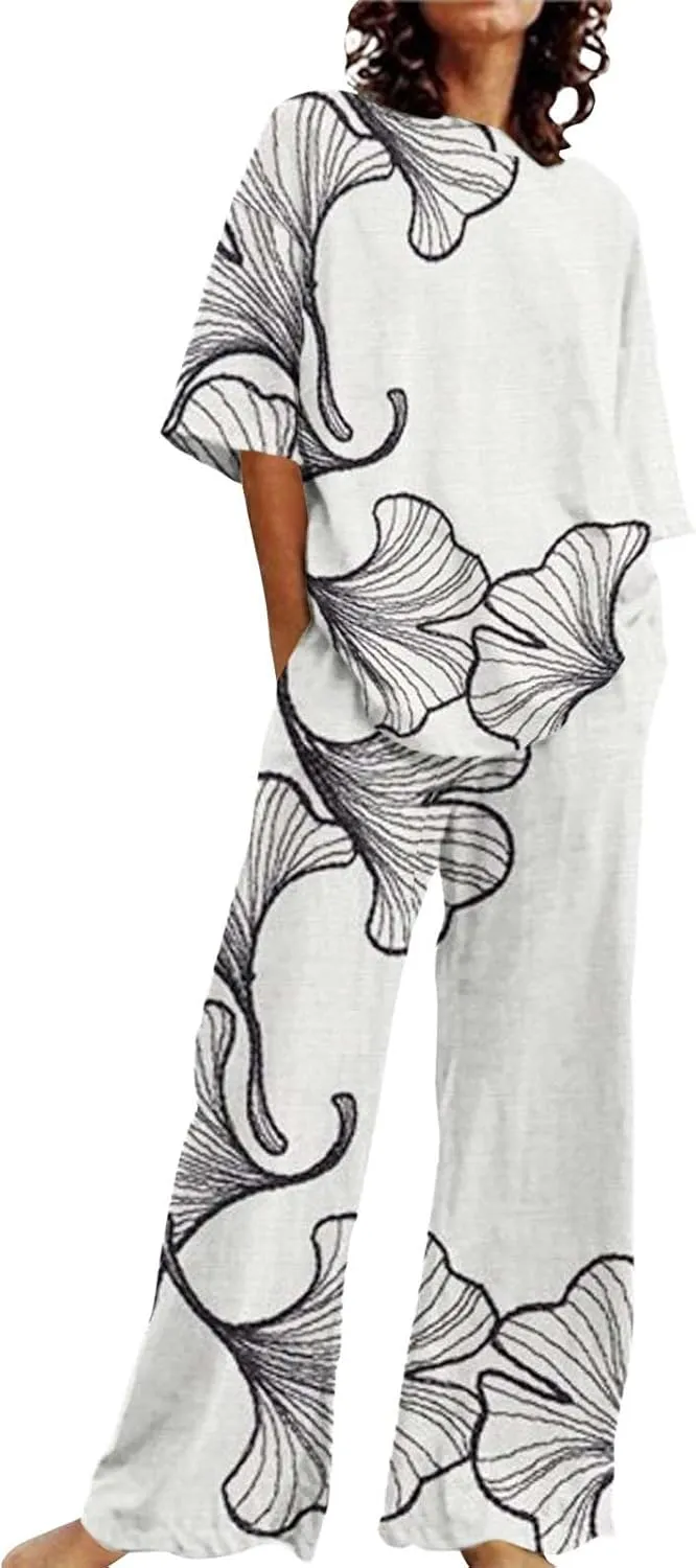 Womens 2 Piece Outfits Short Sleeve Crewneck Pullover Shirts Tops and Wide Leg Sets with Pockets Summer Tracksuits