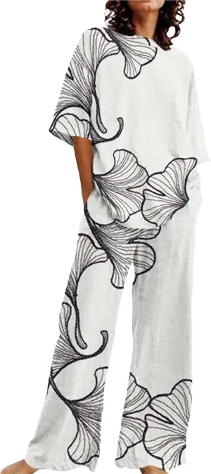 Womens 2 Piece Outfits Short Sleeve Crewneck Pullover Shirts Tops and Wide Leg Sets with Pockets Summer Tracksuits