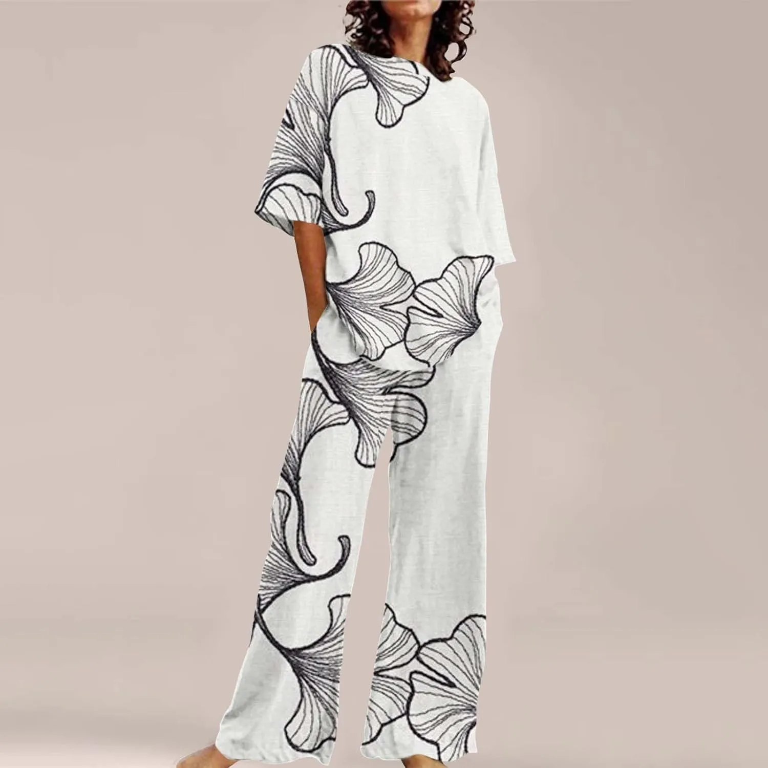 Womens 2 Piece Outfits Short Sleeve Crewneck Pullover Shirts Tops and Wide Leg Sets with Pockets Summer Tracksuits