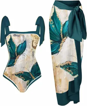 Women's 2 Pieces Sarong Swimsuit Set Summer Vintage Printed Swimwear Sexy One-Piece Swimsuit with Warp Skirt