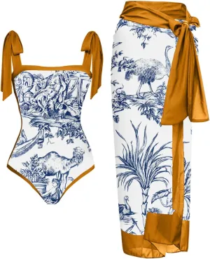 Women's 2 Pieces Sarong Swimsuit Set Summer Vintage Printed Swimwear Sexy One-Piece Swimsuit with Warp Skirt