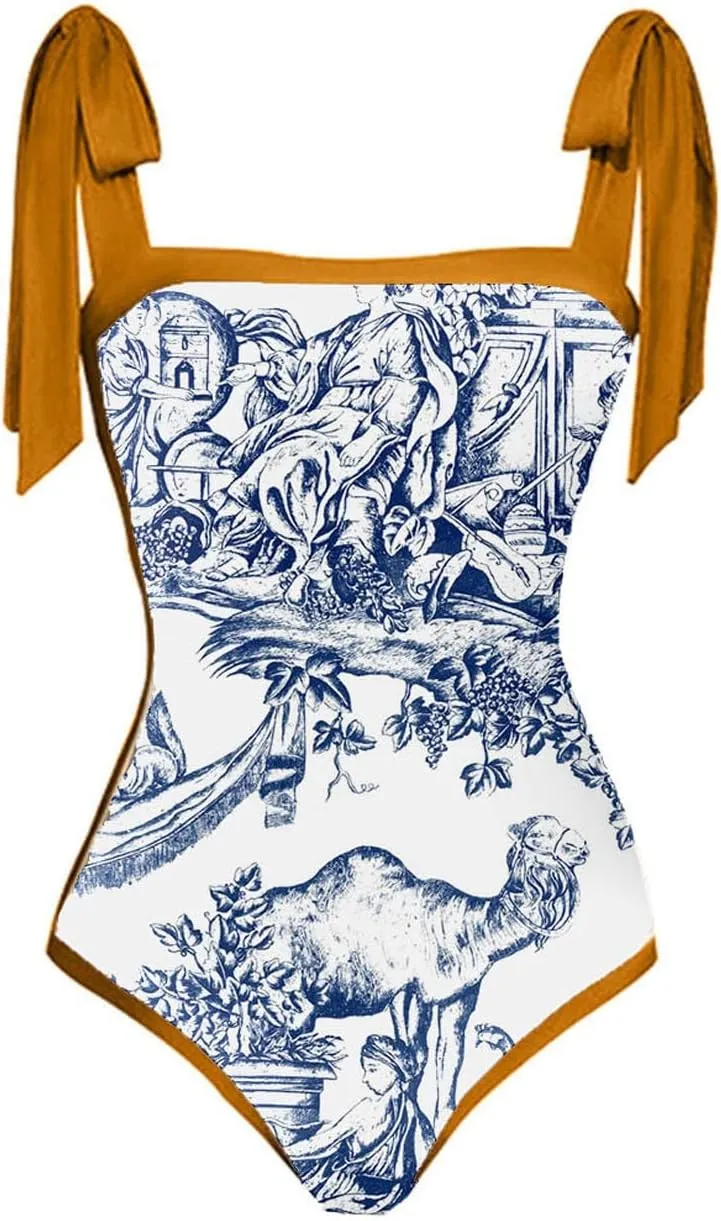 Women's 2 Pieces Sarong Swimsuit Set Summer Vintage Printed Swimwear Sexy One-Piece Swimsuit with Warp Skirt