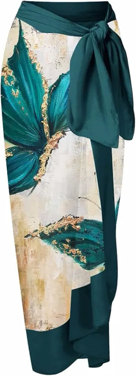Women's 2 Pieces Sarong Swimsuit Set Summer Vintage Printed Swimwear Sexy One-Piece Swimsuit with Warp Skirt