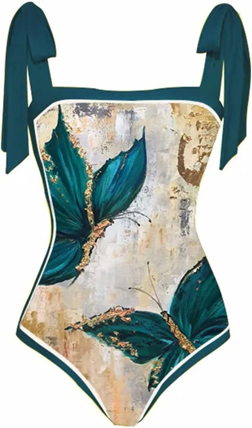 Women's 2 Pieces Sarong Swimsuit Set Summer Vintage Printed Swimwear Sexy One-Piece Swimsuit with Warp Skirt