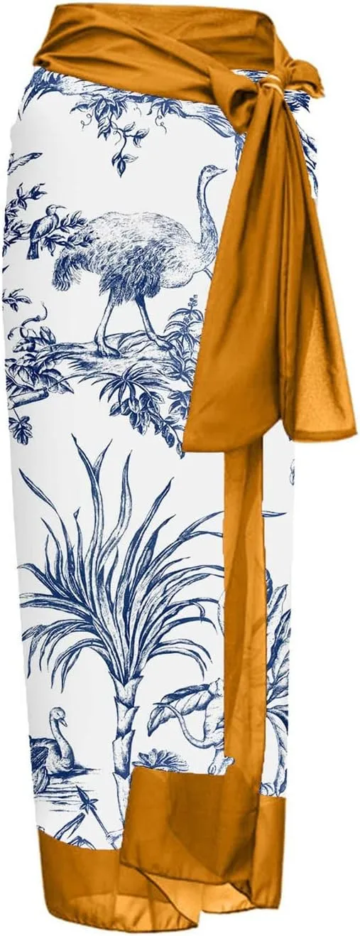Women's 2 Pieces Sarong Swimsuit Set Summer Vintage Printed Swimwear Sexy One-Piece Swimsuit with Warp Skirt