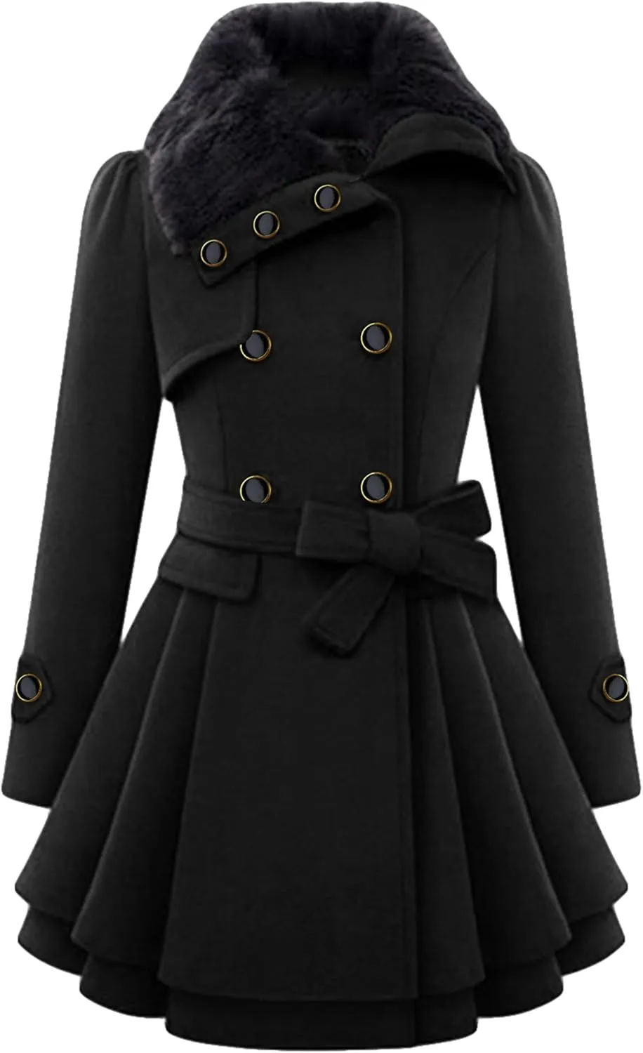 Womens a Line Faux Fur Collar with Belt Jacket Elegant Winter Swing Coat Wool Blend Warm Trench Coat