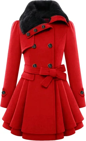 Womens a Line Faux Fur Collar with Belt Jacket Elegant Winter Swing Coat Wool Blend Warm Trench Coat