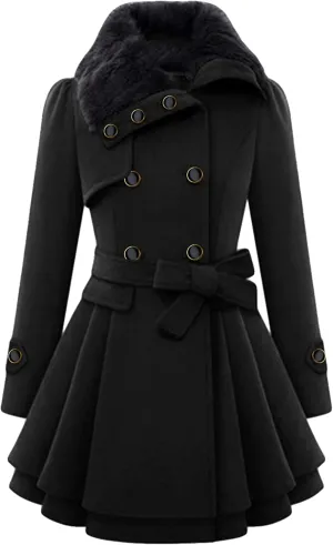 Womens a Line Faux Fur Collar with Belt Jacket Elegant Winter Swing Coat Wool Blend Warm Trench Coat