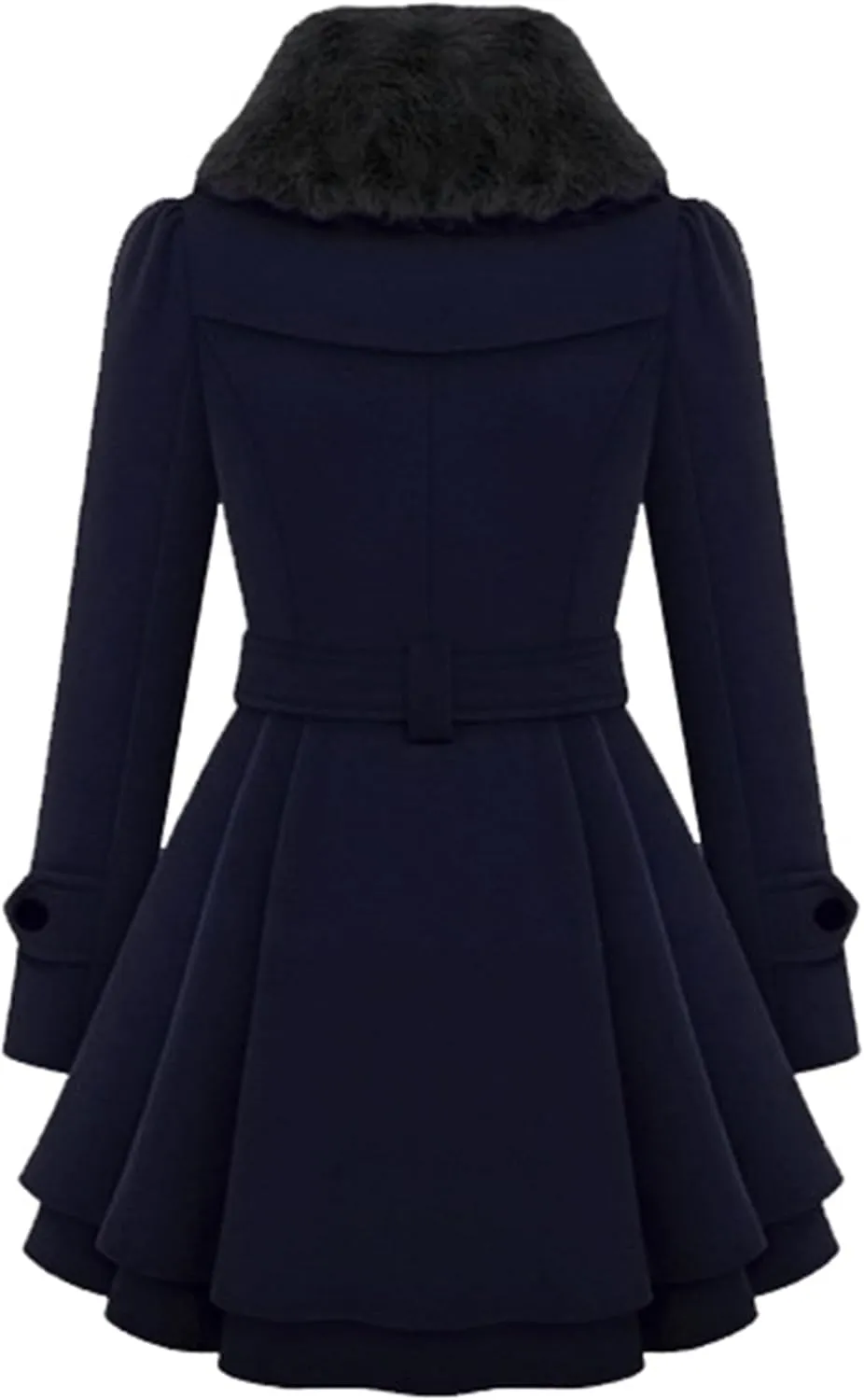 Womens a Line Faux Fur Collar with Belt Jacket Elegant Winter Swing Coat Wool Blend Warm Trench Coat