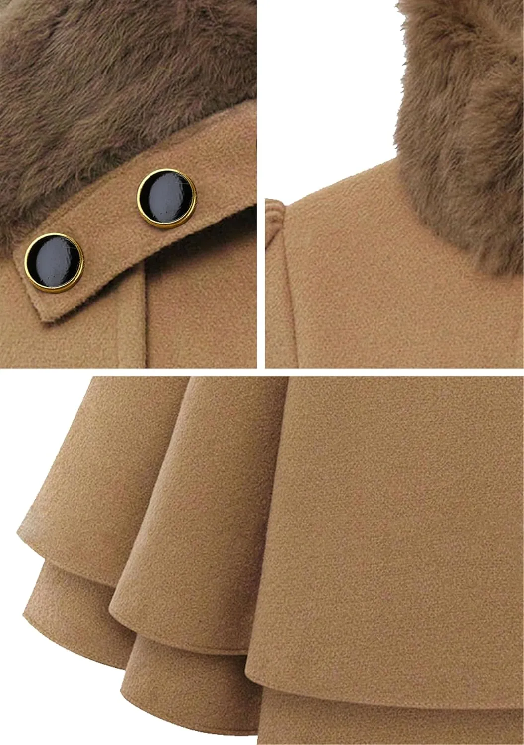 Womens a Line Faux Fur Collar with Belt Jacket Elegant Winter Swing Coat Wool Blend Warm Trench Coat