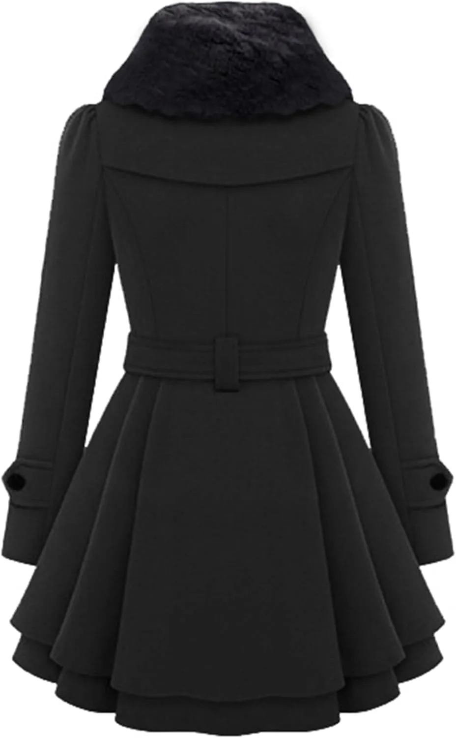 Womens a Line Faux Fur Collar with Belt Jacket Elegant Winter Swing Coat Wool Blend Warm Trench Coat