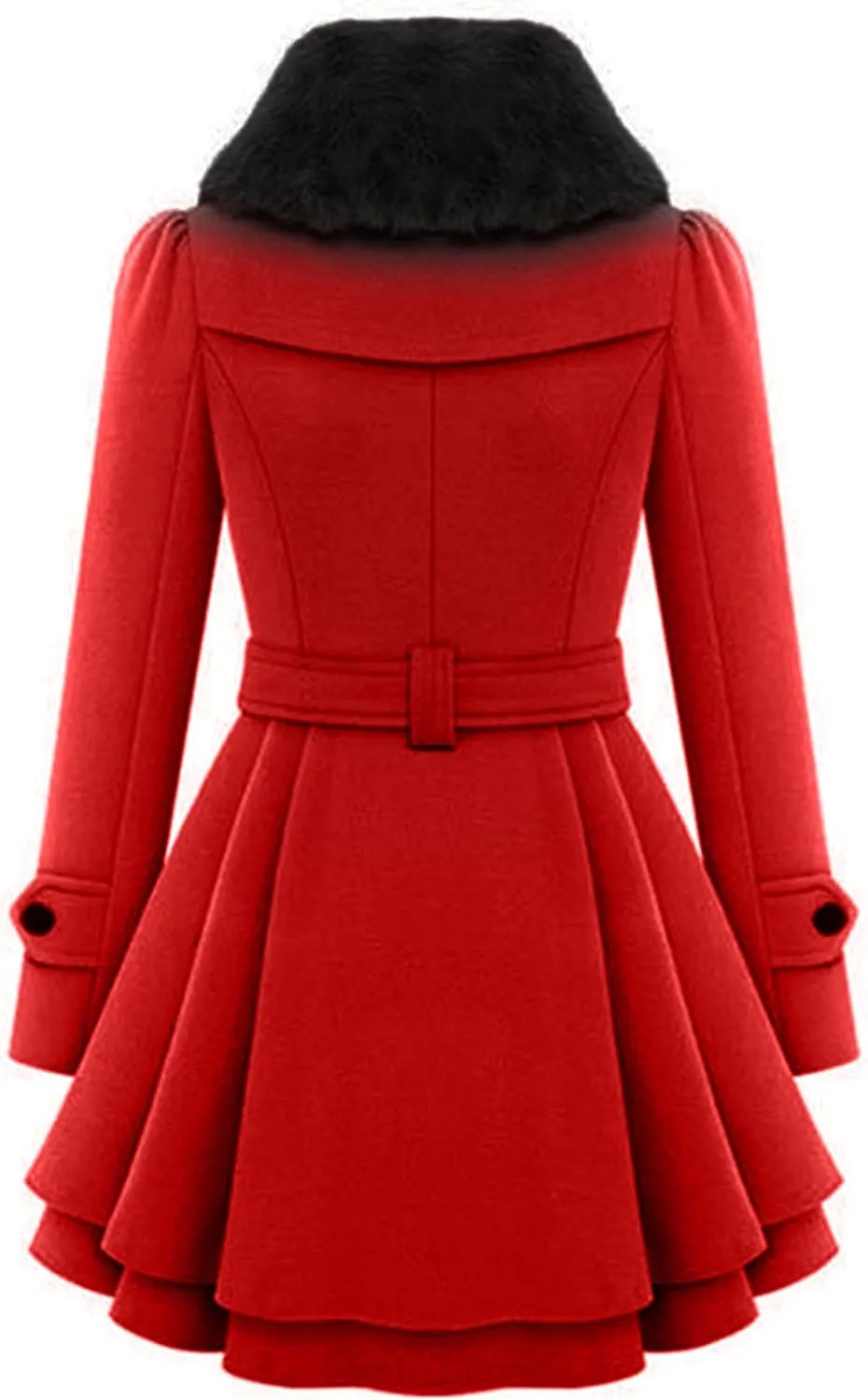 Womens a Line Faux Fur Collar with Belt Jacket Elegant Winter Swing Coat Wool Blend Warm Trench Coat