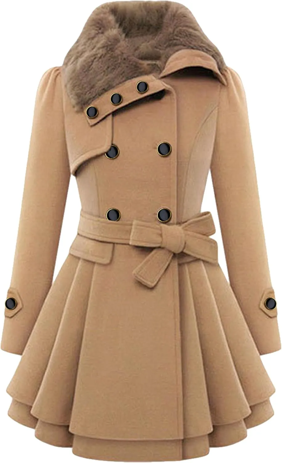 Womens a Line Faux Fur Collar with Belt Jacket Elegant Winter Swing Coat Wool Blend Warm Trench Coat