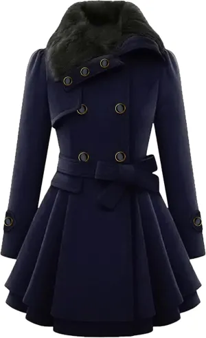 Womens a Line Faux Fur Collar with Belt Jacket Elegant Winter Swing Coat Wool Blend Warm Trench Coat