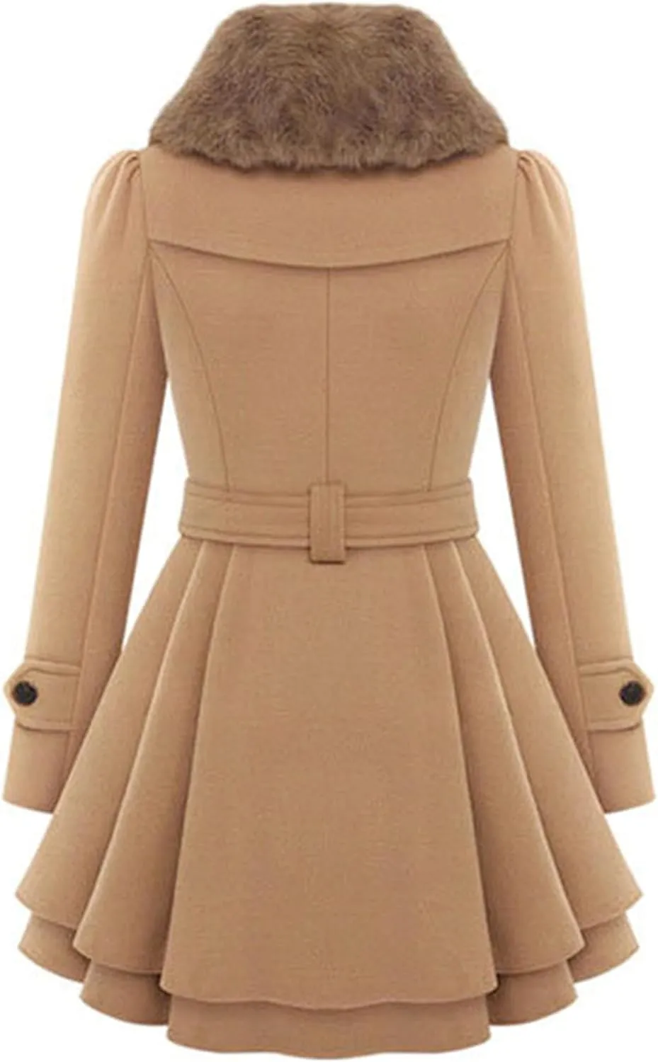 Womens a Line Faux Fur Collar with Belt Jacket Elegant Winter Swing Coat Wool Blend Warm Trench Coat
