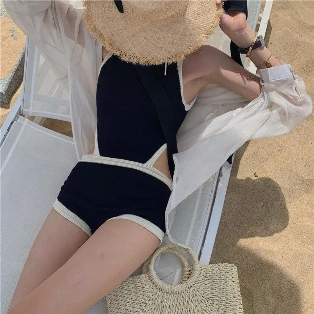 Women's Black 1 Piece Swimsuit, Backless Tummy Control Swimwear, Triangle Short Design, Anti-Slip for Beach