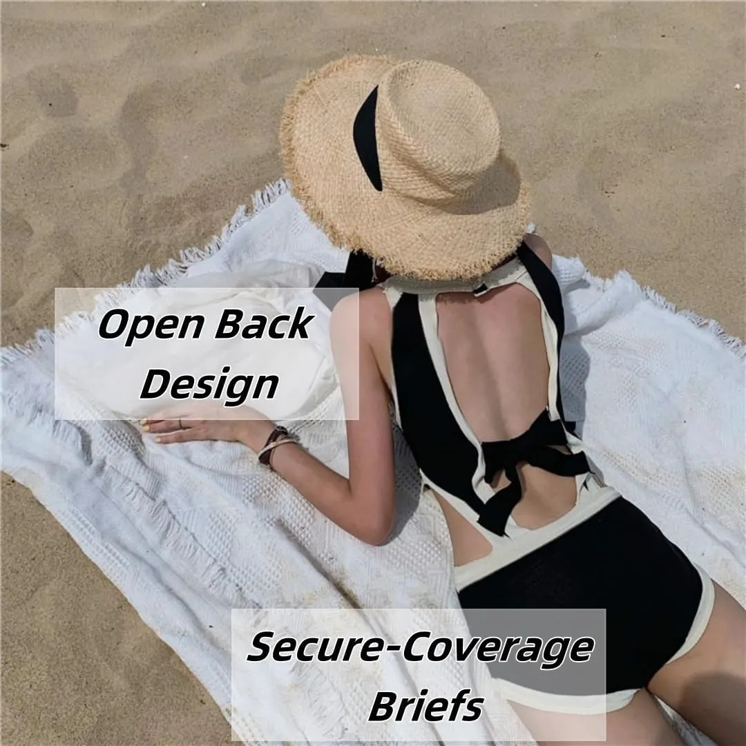 Women's Black 1 Piece Swimsuit, Backless Tummy Control Swimwear, Triangle Short Design, Anti-Slip for Beach