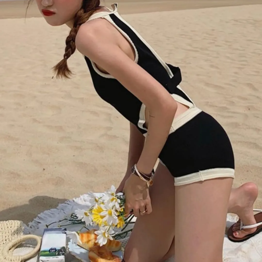 Women's Black 1 Piece Swimsuit, Backless Tummy Control Swimwear, Triangle Short Design, Anti-Slip for Beach