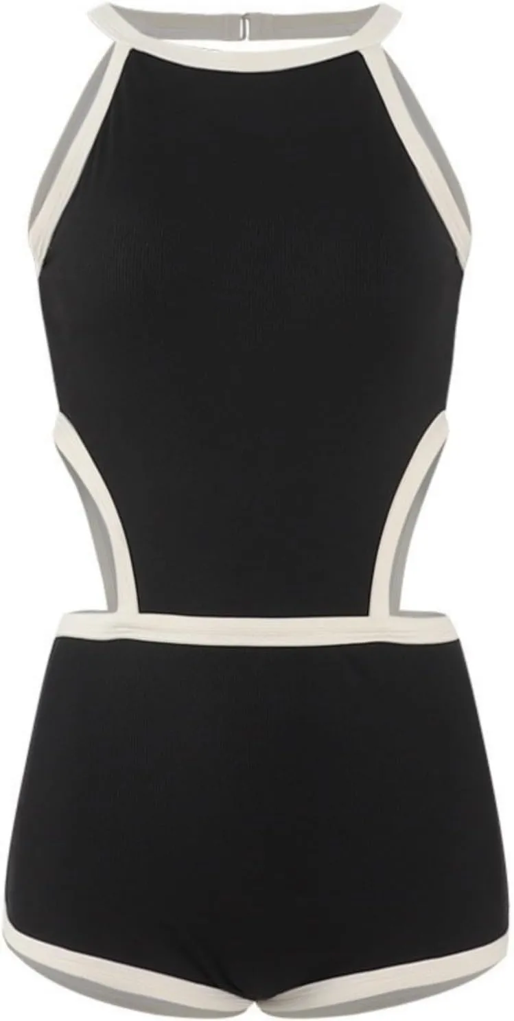 Women's Black 1 Piece Swimsuit, Backless Tummy Control Swimwear, Triangle Short Design, Anti-Slip for Beach